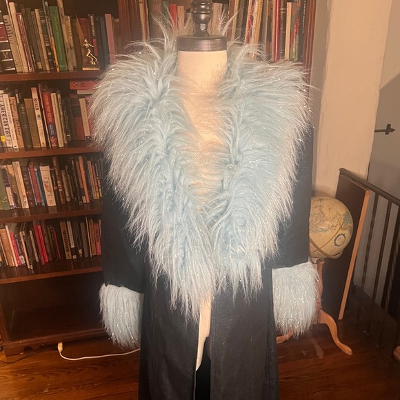 Vintage Faux Fake Fur Blue Denim Long Duster Coat 90s Y2K - Picture 12 of 13